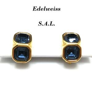 Edelweiss S.A.L. Swarovski Blue Clip Earrings, Gold Plated,  Vintage Jewelry